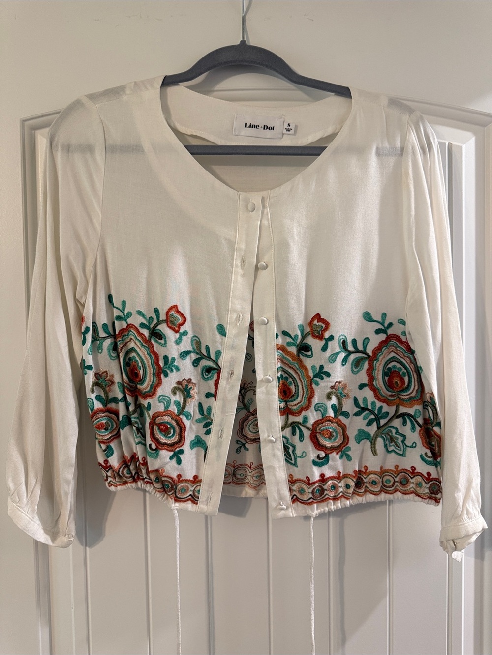 Line & Dot Cream Cropped Cardigan with Teal and Rust Floral Embroidery